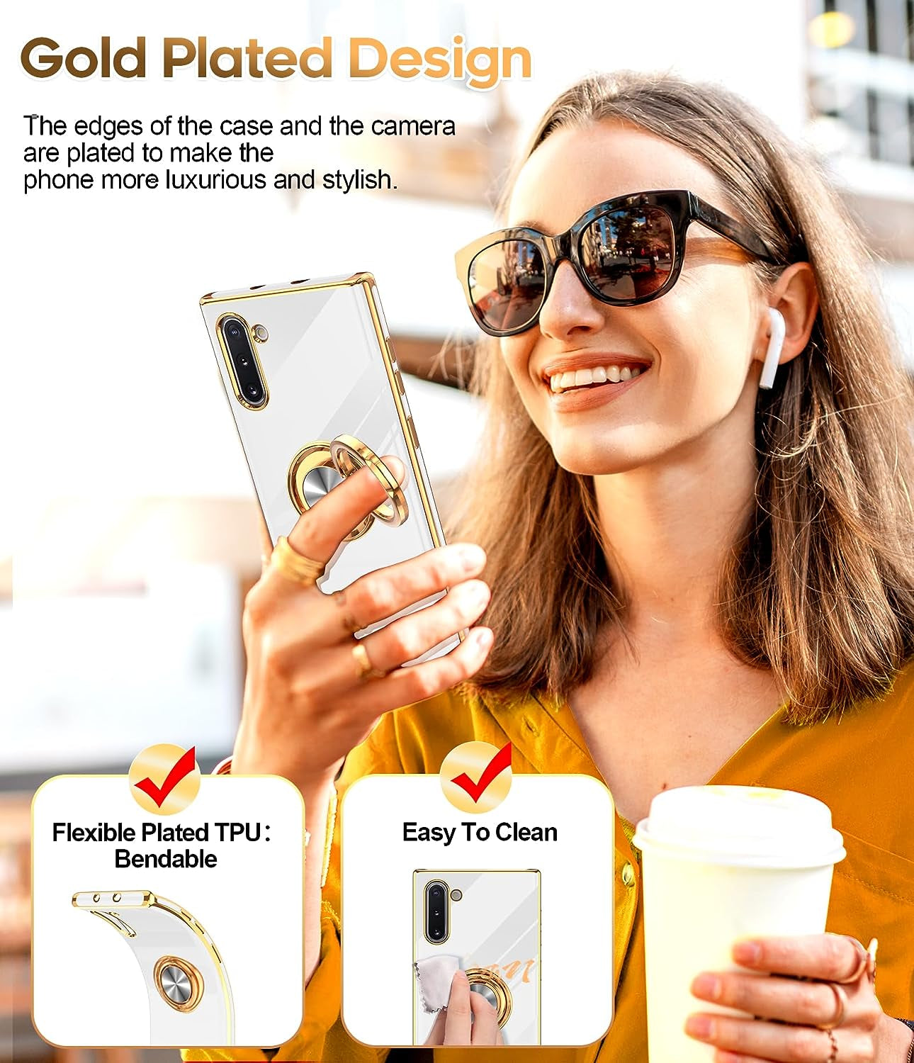 Leyi for Samsung Galaxy Note 10 Case 360° Rotatable Ring Holder Magnetic Kickstand, Plating Rose Gold Edge Protective Case [ Not Applicable Note 10 Plus], White  LeYi   