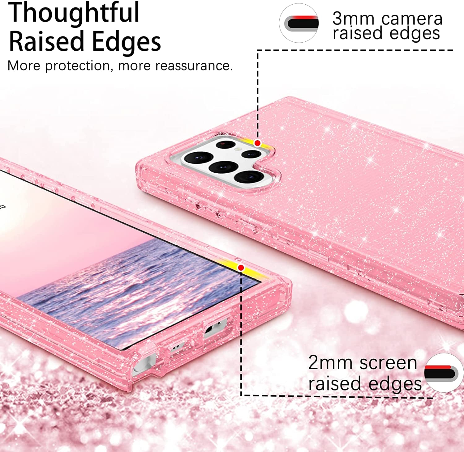 DUEDUE for Samsung Galaxy S22 Ultra 6.8" 5G Case Glitter Full Body Protective 3 in 1 Heavy Duty Hybrid Hard PC Rugged Shockproof Women Transparent Bling Sparkle Cover for Samsung S22 Ultra, Pink Clear  DUEDUE   