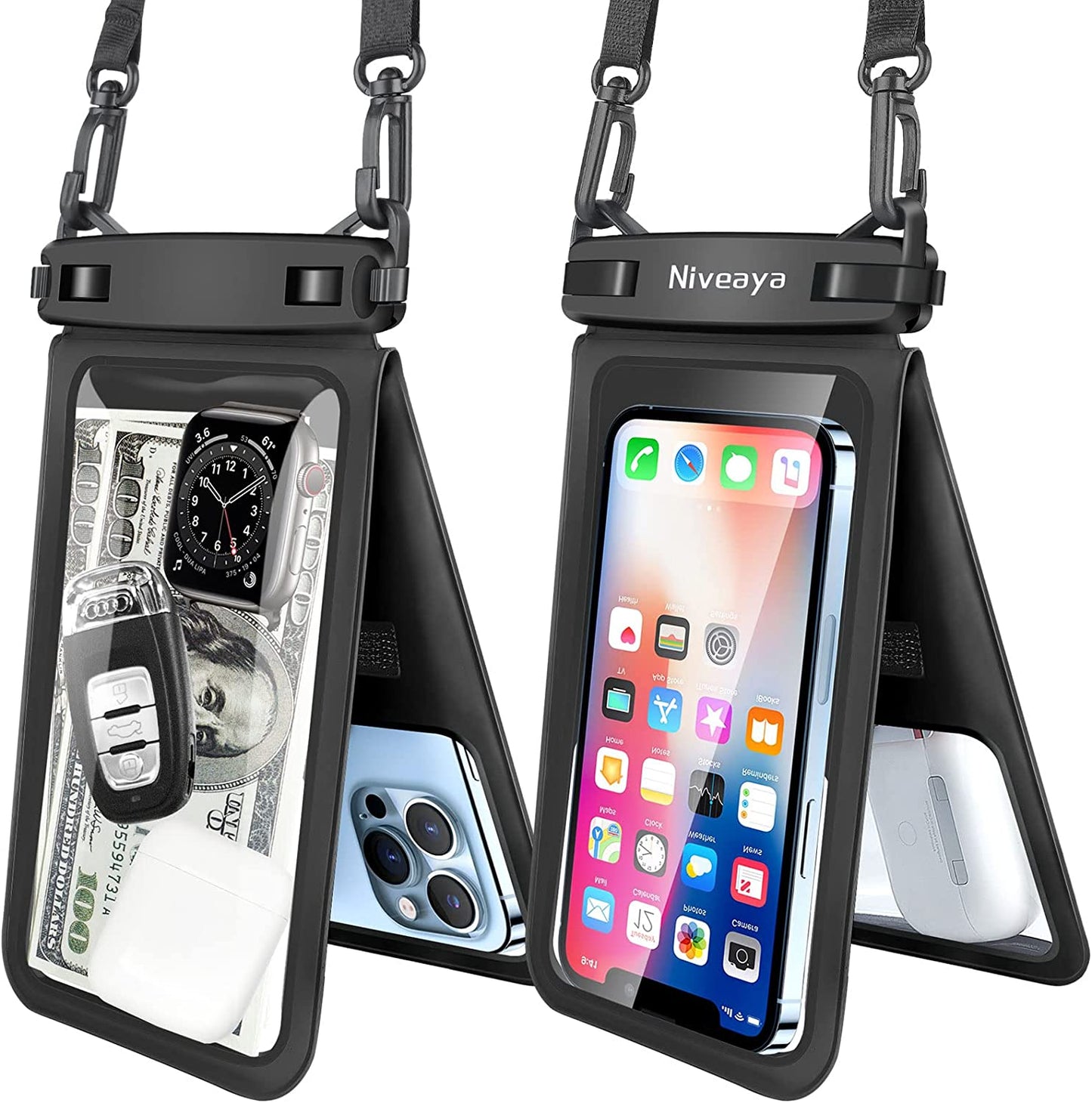 Niveaya Double Space Waterproof Phone Pouch - 2 Pack, Waterproof Phone Lanyard Case with Iphone 15/14/13/12/ Pro Max/Pro/8 Plus, Galaxy S22/S21/S20/S10/Note 20/10/9 up to 7", Dry Bag for Vacation.  Niveaya Black+ Black Medium 7" 