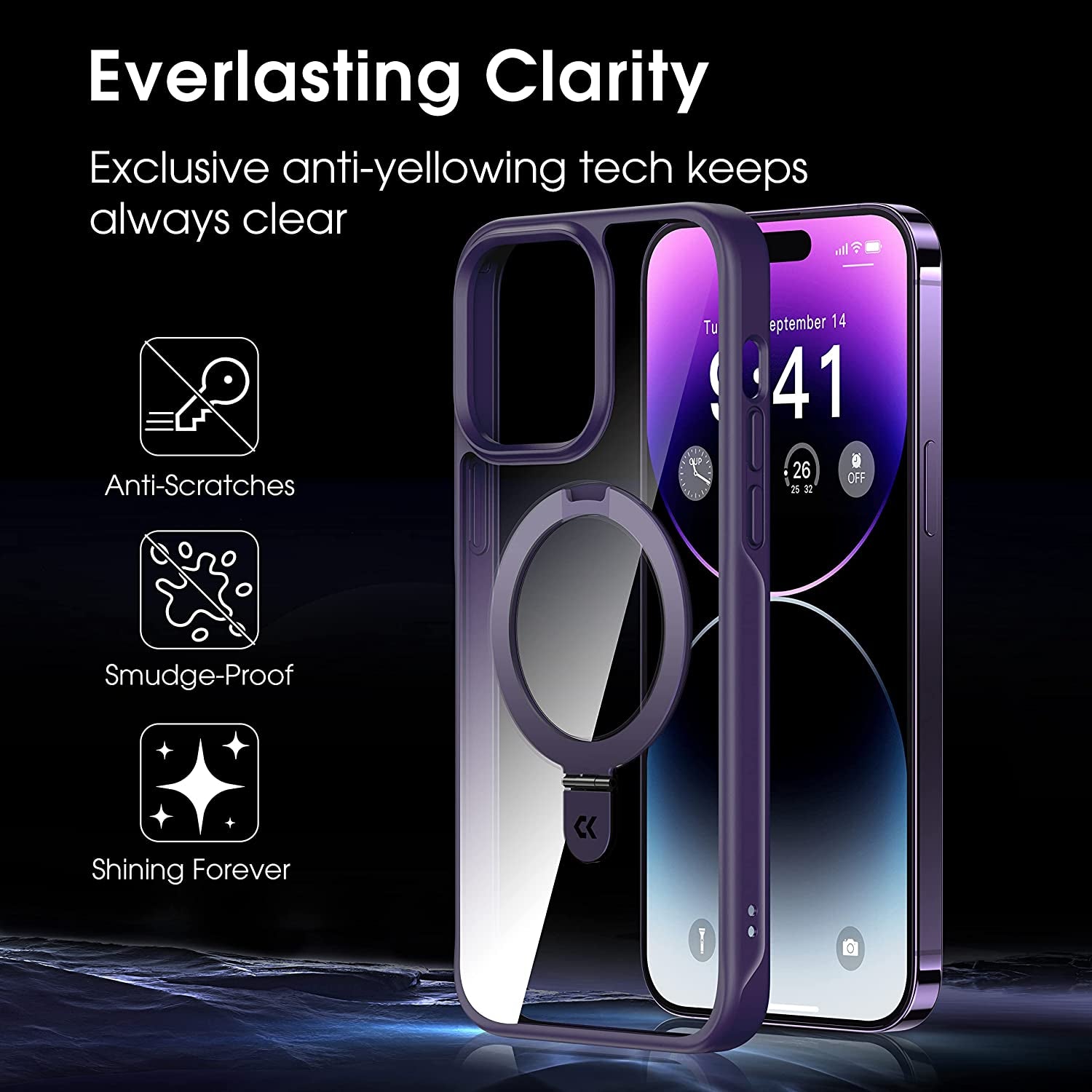 CASEKOO Magnetic Clear for Iphone 14 Pro Case with Invisible Stand [Compatible with Magsafe] [Non Yellowing] Shockproof Protective Slim Ring Holder for Women Men Phone Case 6.1 Inch 2022, Purple  CASEKOO   