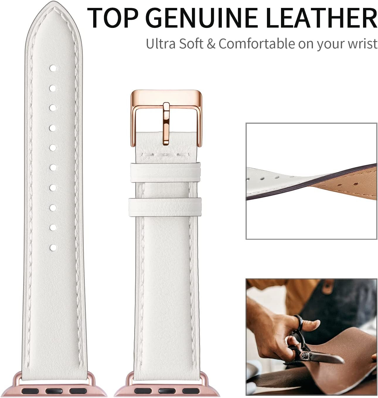 OMIU Square Bands Compatible with Apple Watch Band 38Mm 40Mm 41Mm 42Mm 44Mm 45Mm 49Mm, Genuine Leather Wristband Starp for Iwatch SE Series 8 7 6 5 4 3 2 1 Utral for Women Men(Ivory White/Rose Gold)  BestWayStore   