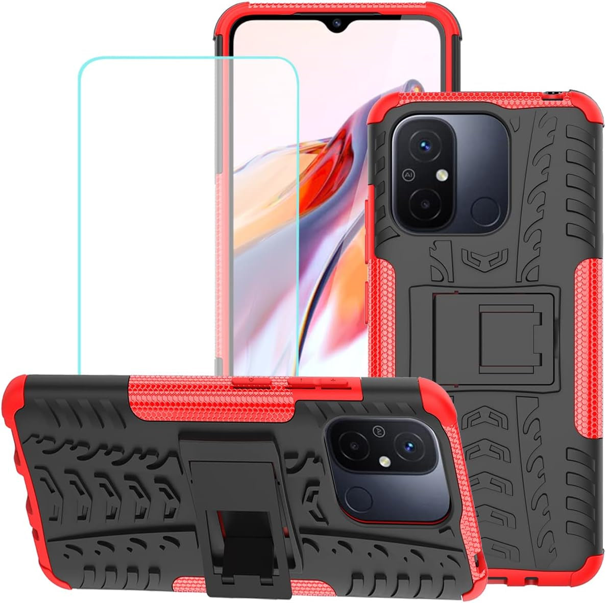 Yerebel for Redmi 12C Case, Poco C55 22120RN86G Case with Tempered Glass Screen Protector, with Kickstand Hard PC Back Cover Soft TPU Dual Layer Protection Phone Cover for Xiaomi Redmi 12C (Black)  Yerebel Red  