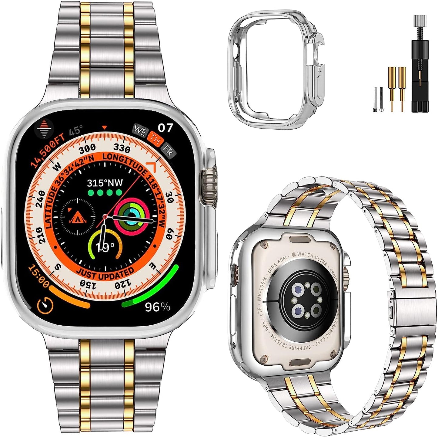 Miohhr Solid Stainless Steel Band Compatible with Apple Watch 49Mm 45Mm 44Mm 42Mm 41Mm 40Mm 38Mm, Metal Strap for Iwatch Series Ultra 8 7 6 5 4 3 2 1 SE Women and Men  MioHHR Silver/Gold (Ultra) 49 mm (Ultra) 