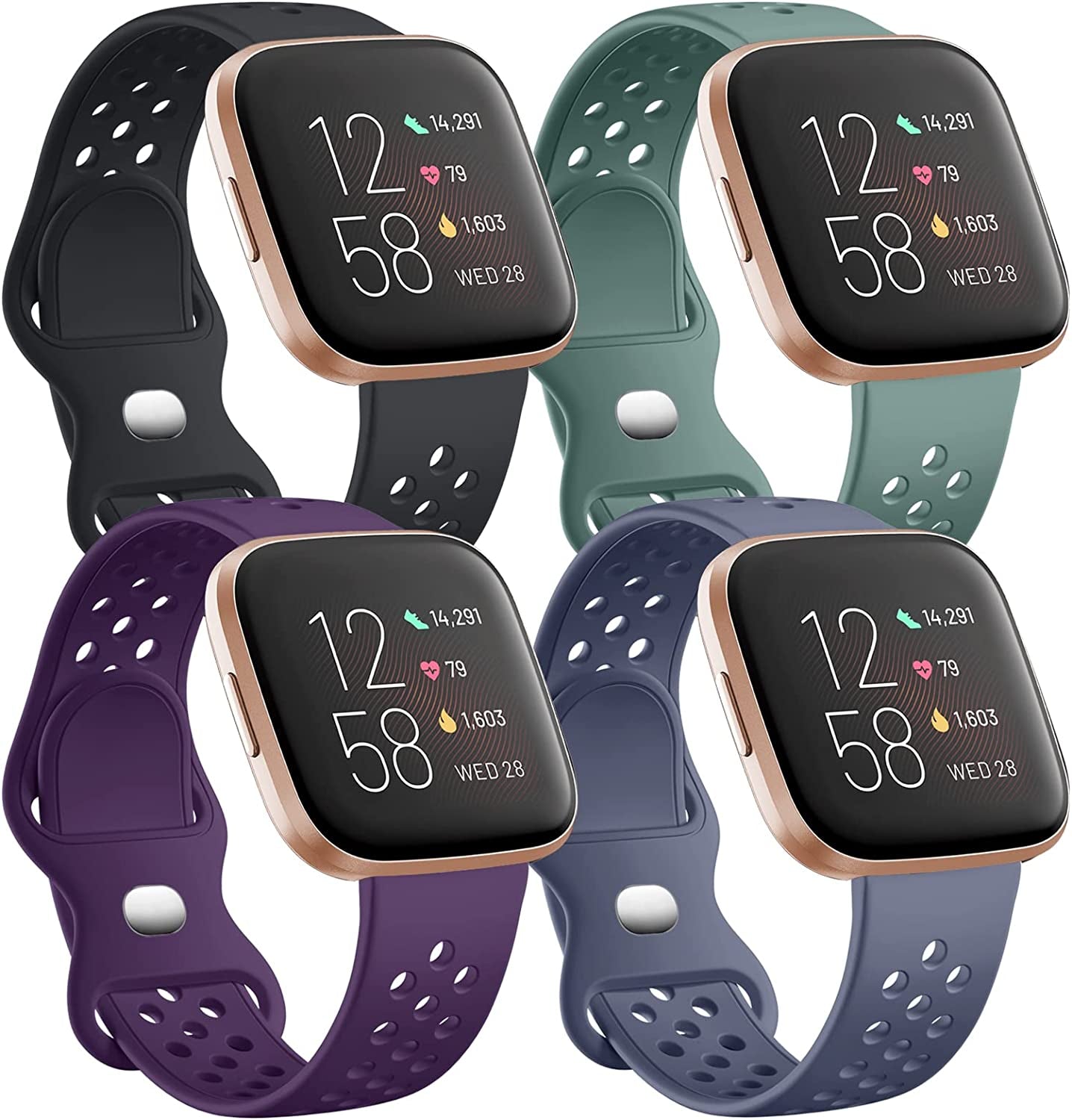 Witzon 4 Pack Compatible with Fitbit Versa / Versa Lite / Versa 2 Band, Breathable Replacement Wristbands Soft Silicone Sport Bands for Versa 2 Smart Watch for Women Men, Small, Black/White/Gray/Pink  Witzon Black/Plum/Green/Blue Gray Large 