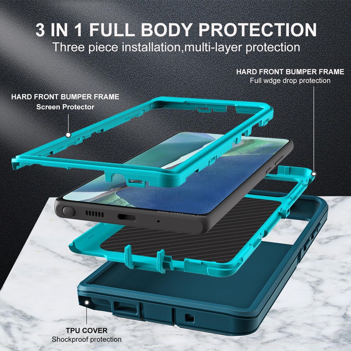 YKHJKLEC for Samsung Galaxy Note 20 Case, Military Grade Shockproof/Drop Proof/Dust Proof Case with 2Pcs Self Healing Flexible TPU Screen Protector & Camera Lens Protector (Blue/Turquoise)  YKHJKLEC   