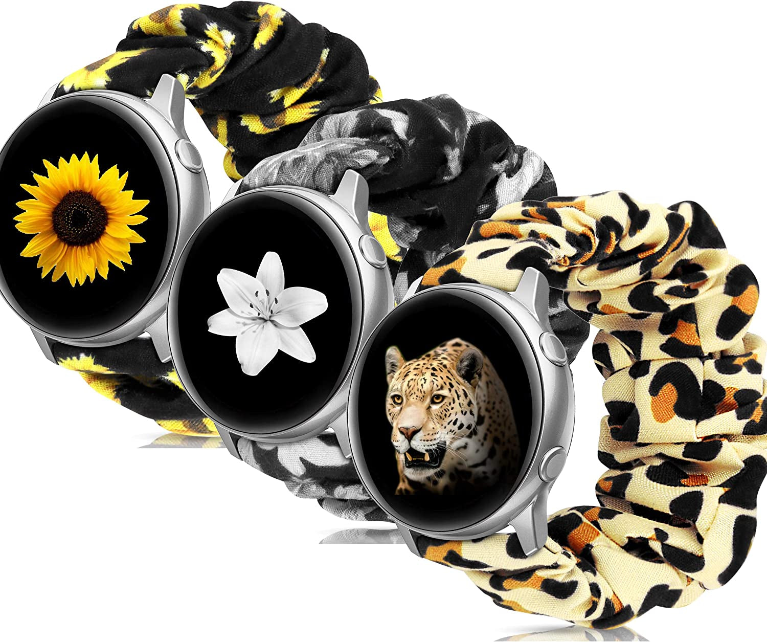 20Mm 22Mm Scrunchies Watch Bands, Cute Elastic Replacement Bands for Women with Quick Release Bar, Fabric Band for Samsung Galaxy Watch 4 5 Pro Galaxy Active, Active 2 40Mm 44Mm Watch Smartwatch Bla-S  ZSMJ S-Sunflower+Black flower+Leopard Small 