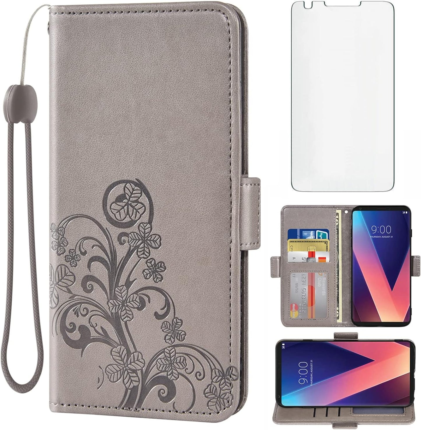 Asuwish Compatible with LG V35 Thinq V30 plus Wallet Case and Tempered Glass Screen Protector Flip Wrist Strap Credit Card Holder Cell Phone Cover for LGV30 LGV35 LG30 LG35 V 30 35 V30+ V30S H931 Blue  Asuwish Gray  