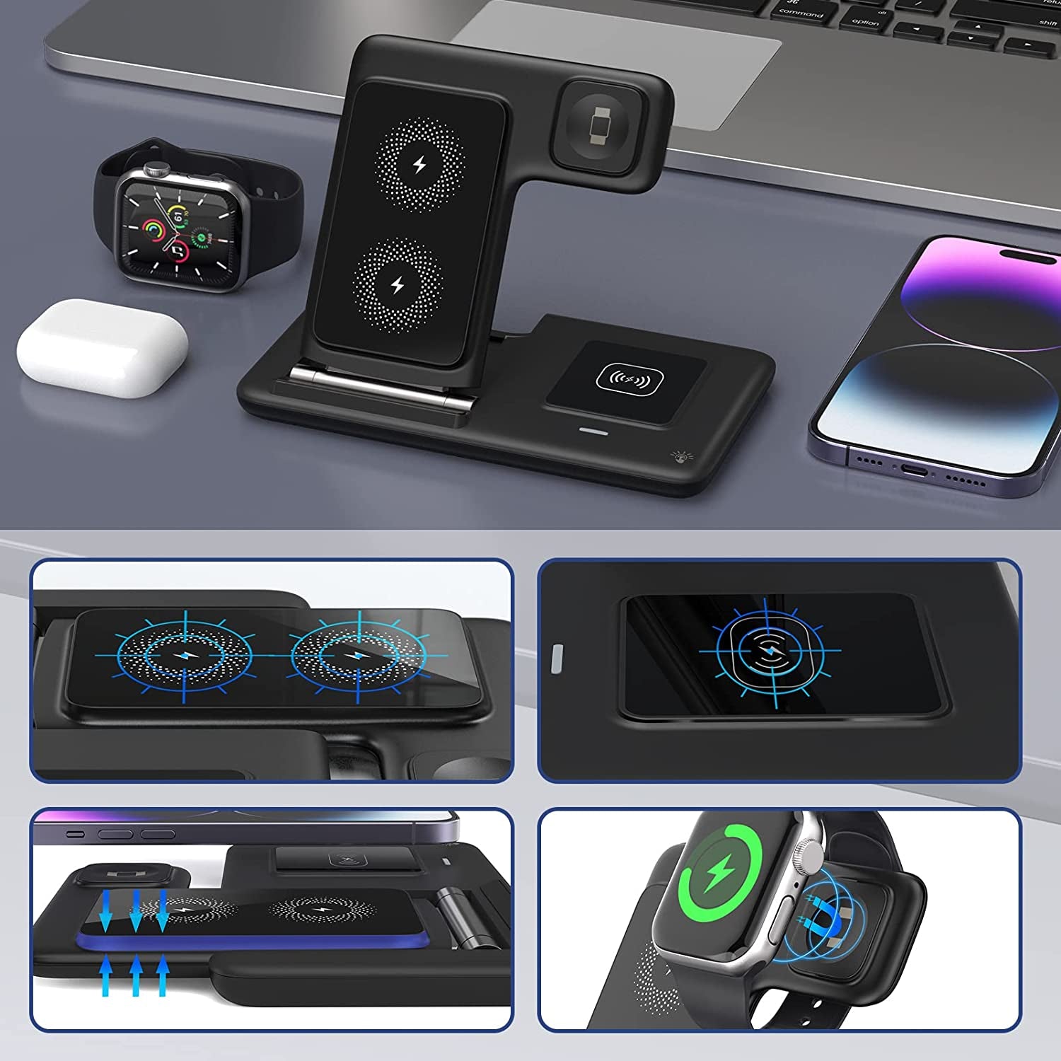 Charging Station for Apple Multiple Devices, 3 in 1 Fast Wireless Charger Foldable for Iphone 14/13/12/11/Pro/Xs/Xs Max/Xr/X/Se/8/8 plus Apple Watch 8/7/6/SE/5/4/3/2 Airpods 3/2/Pro with Adapter  Bauhoo   