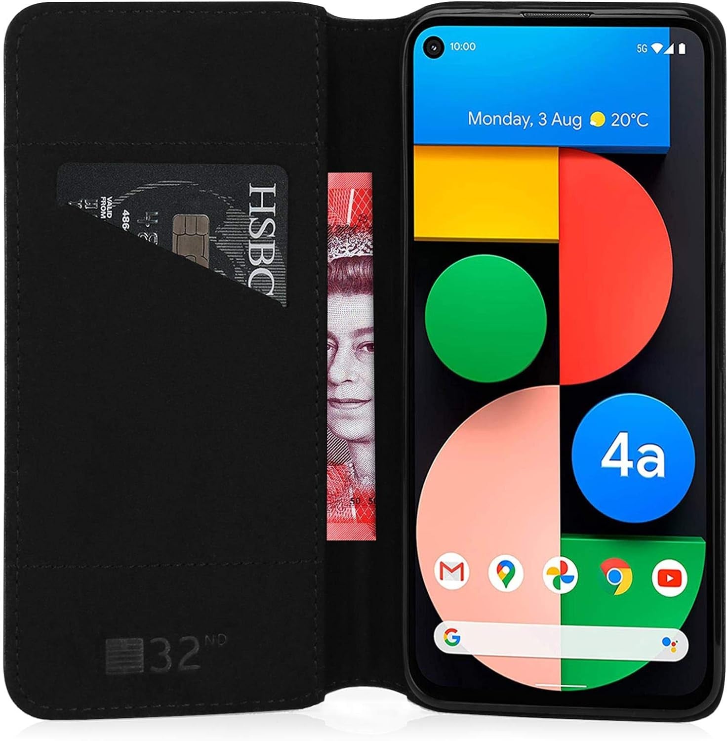 32Nd Classic Series 2.0 - Real Leather Book Wallet Case Cover for Google Pixel 4A 5G, Real Leather Design with Card Slot, Magnetic Closure and Built in Stand - Black  32nd   