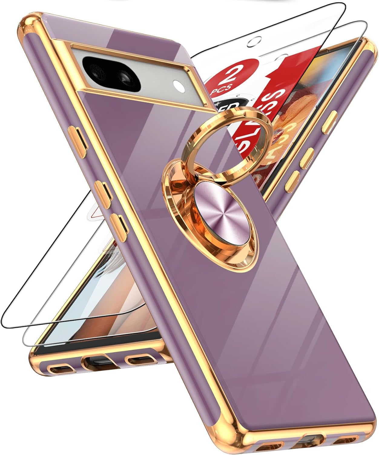 Leyi for Pixel 6A Case: with Tempered Glass Screen Protector [2 Pack] 360° Rotatable Ring Holder Magnetic Kickstand, Plating Rose Gold Edge Protective Google Pixel 6A Case, Pink  LeYi Purple Google Pixel 7A 
