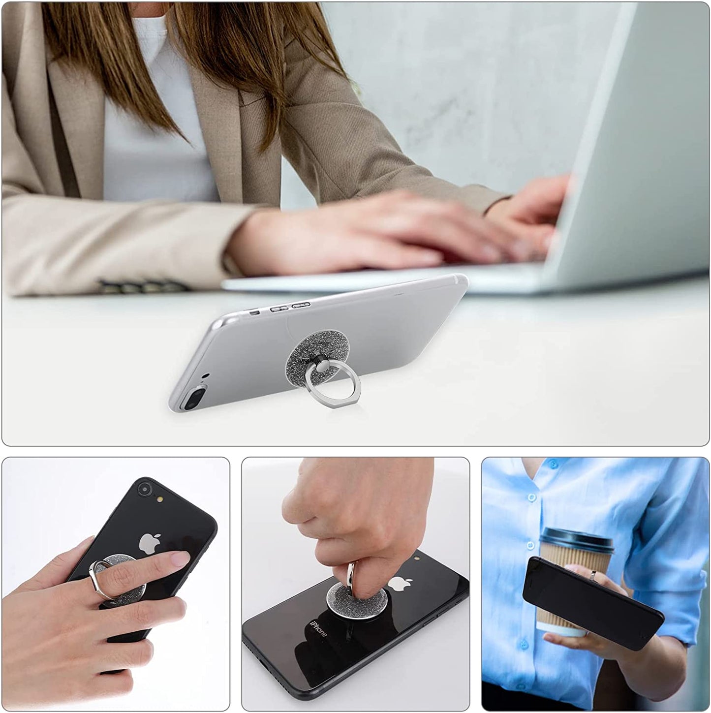 Cobee Glitter Bling Cell Phone Ring Holders, 2 Pcs Sparkle Bling Finger Kickstand round Glitter Finger Mount 180/360 Degree Rotation Cell Phone Finger Holder Ring Grip for Women/Girls(Silver)  cobee   