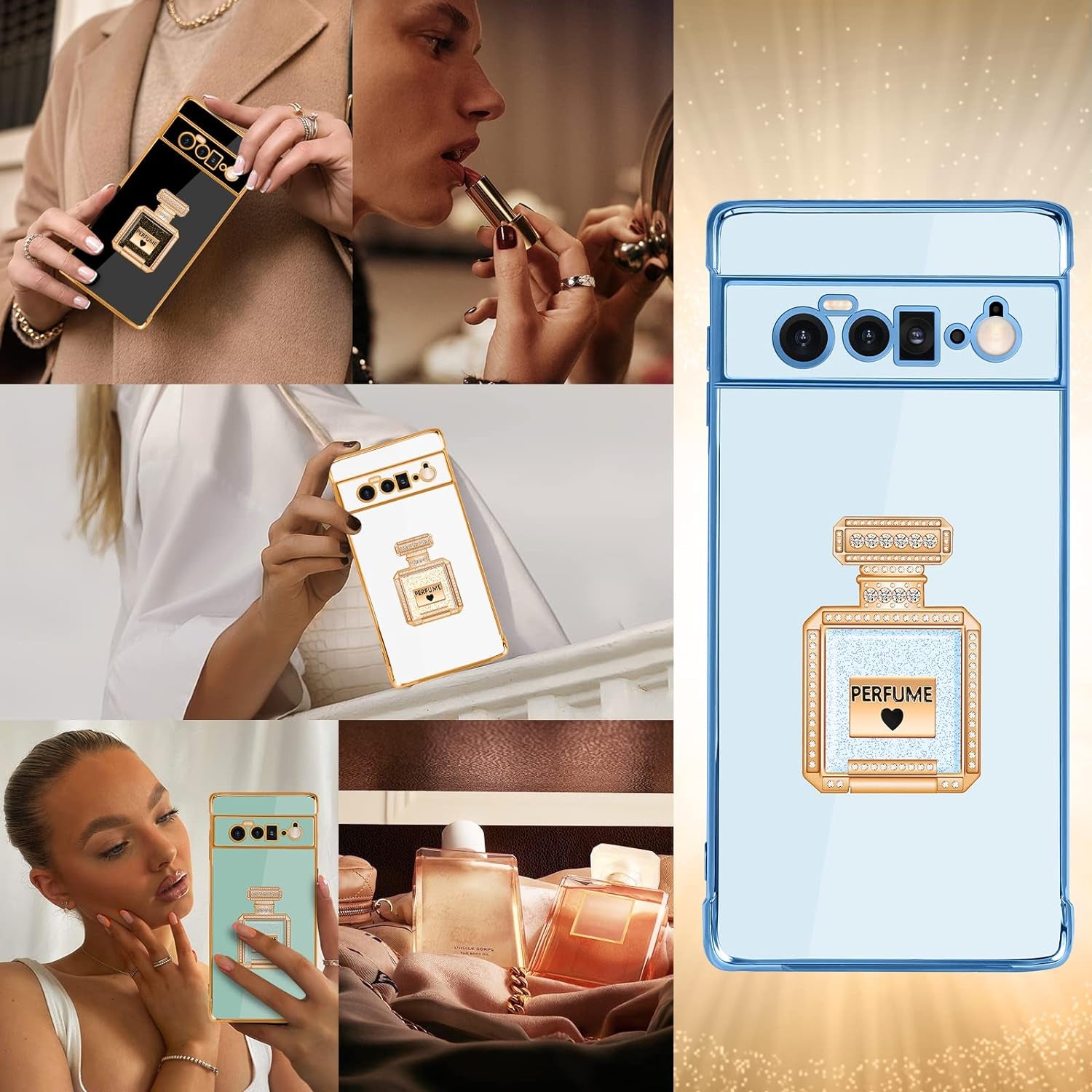 Buleens for Pixel 6 Pro Case with Metal Perfume Bottle Mirror Stand,Cute Women Girly Heart Cases for Google Pixel 6 Pro Case, Elegant Luxury Phone Cover for Pixel 6 Pro Phone Case 6.7''Sierra Blue  Buleens   