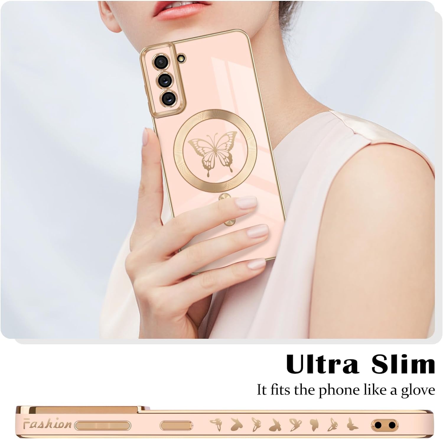 Newseego for Samsung Galaxy S21 plus 5G Magnetic Case, Cute Butterfly Plating Edge Case with Magsafe for Women Girls Men Soft TPU Bumper Shockproof Protective Cover for Samsung Galaxy S21 Plus-Pink  Newseego   