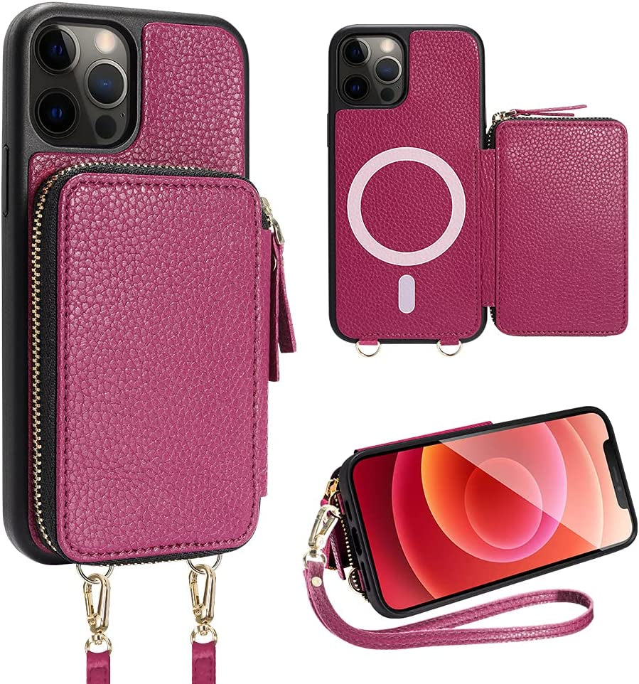 ZVE Iphone 14 Pro Crossbody Wallet Case Magsafe, Phone Case with RFID Blocking Card Holder Wrist Strap for Women, Zipper Leather Cover for Iphone 14 Pro, 6.1"-Black  ZVE Rose Purple iPhone 12 & 12 Pro 
