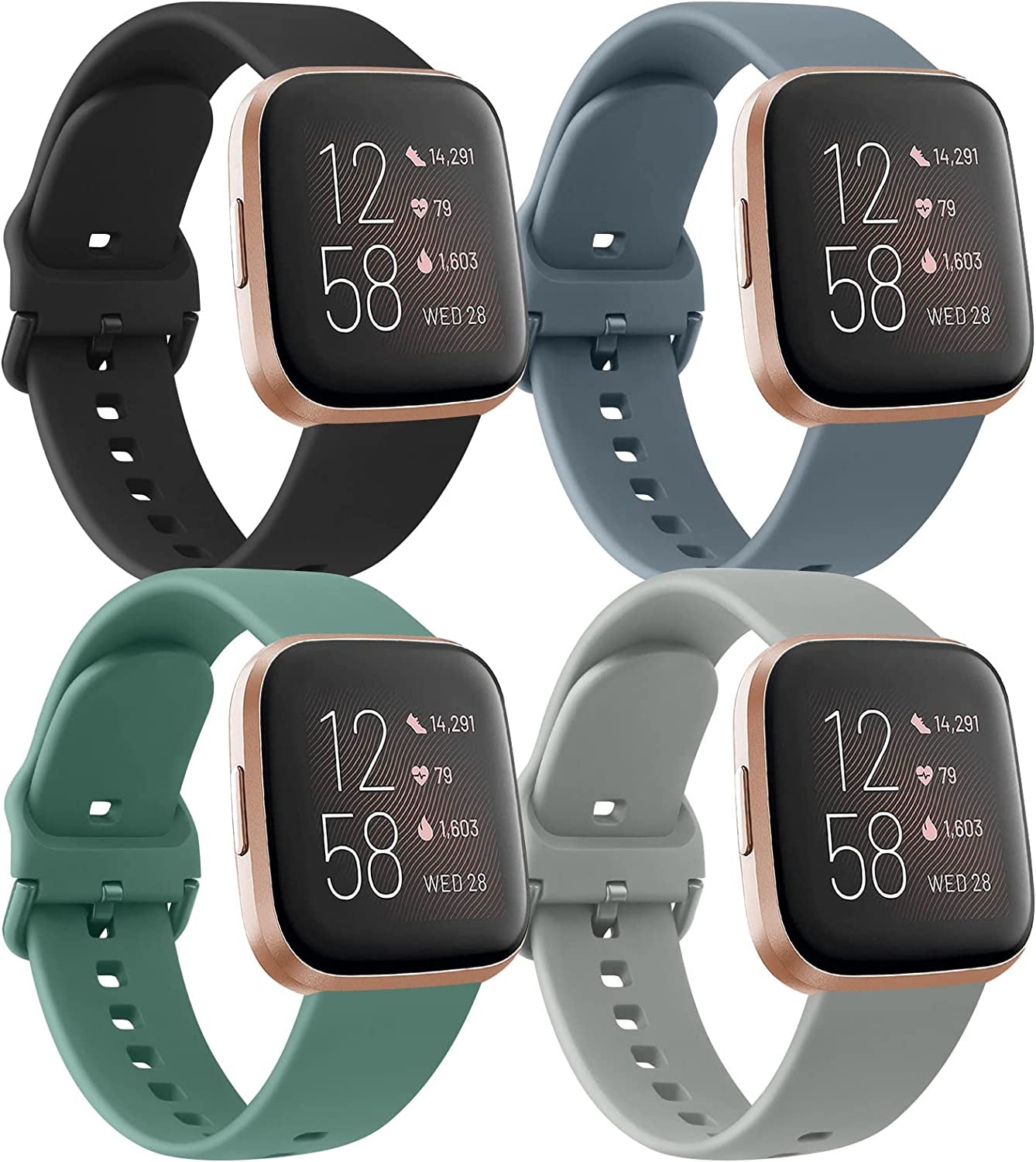 4 Pack Bands for Fitbit Versa 2 / Fitbit Versa/Versa Lite/Versa SE for Women Men, Soft Silicone Replacement Wristband for Fitbit Versa 2 Bands  Amzpas Black/Blue Grey/Pine Green/Grey  