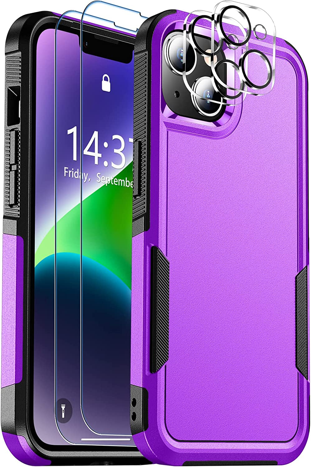SPIDERCASE for Iphone 14 Case, [10 FT Military Grade Drop Protection][Non-Slip] [2+Tempered Glass Screen Protector][2+Tempered Camera Lens Protector] Heavy Duty Full-Body Shockproof Case, Black  SPIDERCASE Deep Purple  