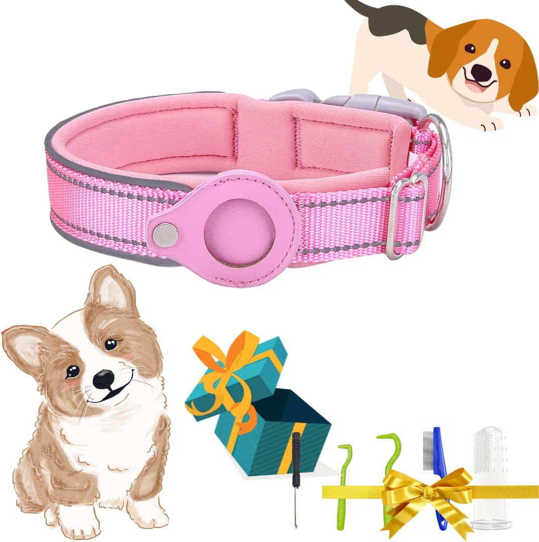 Dog Tracking Collar for Apple Airtag- Reflective Pet Collar with Airtag Holder Case, Adjustable, Durable, Stylish, Padded, Heavy-Duty Dog Collars L, Black  ELLOY Pink XL 