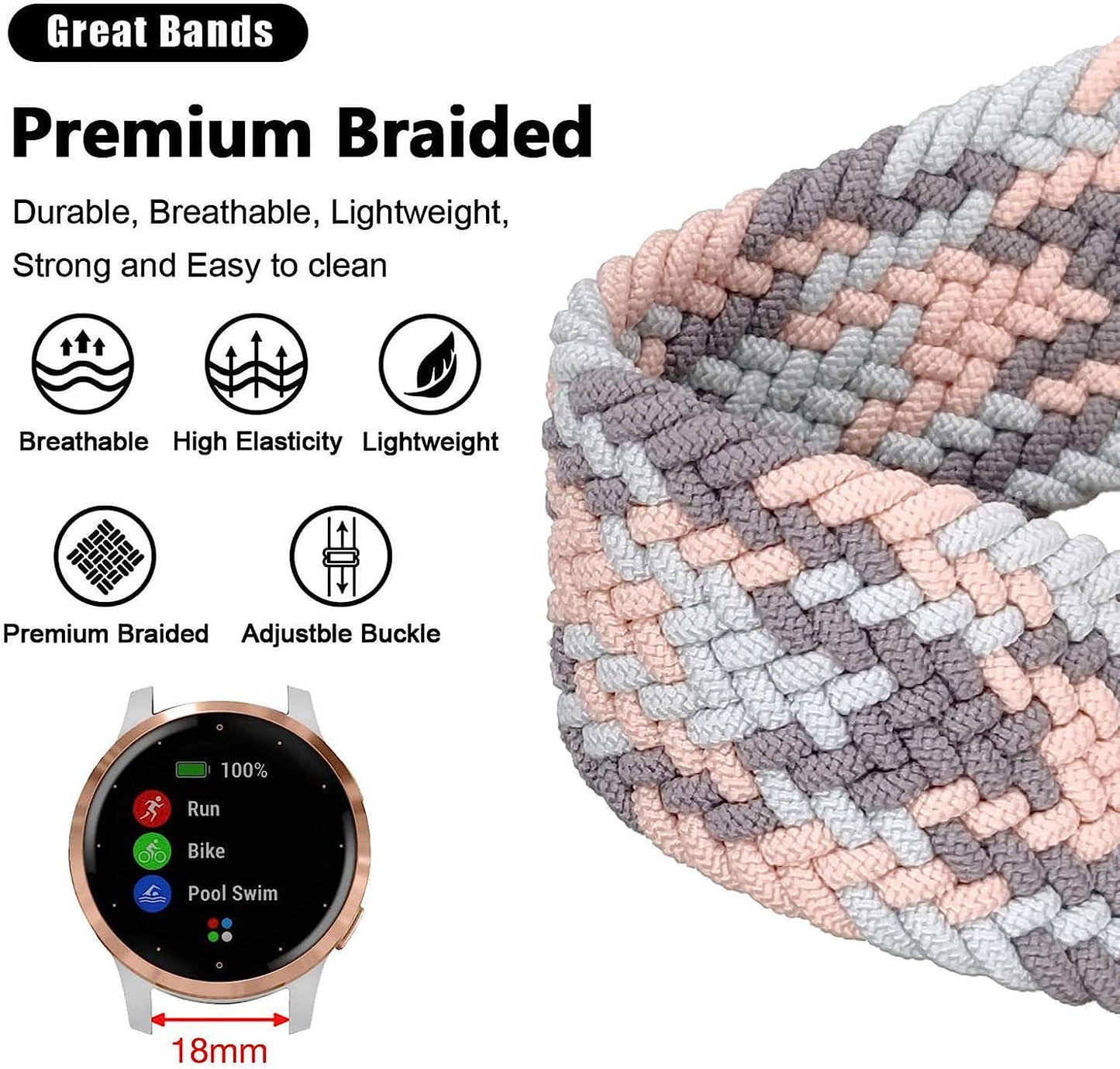 Abanen Braided Elastic Loop Watch Bands for Garmin Venu 2S / Vivoactive 4S / Vivomove 3S, 18Mm Elastic Soft Stretchy Nylon Quick Dry Women Wristband Strap for Forerunner 255S/255S Music  Abanen   