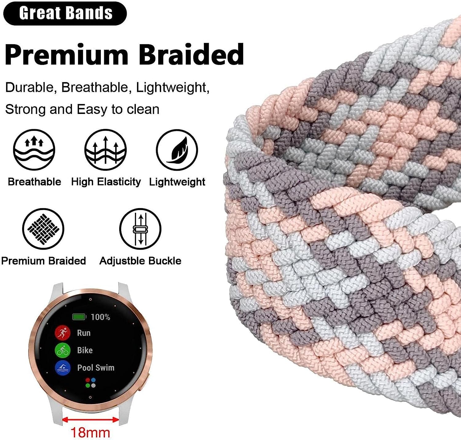 Abanen Braided Elastic Loop Watch Bands for Garmin Venu 2S / Vivoactive 4S / Vivomove 3S, 18Mm Elastic Soft Stretchy Nylon Quick Dry Women Wristband Strap for Forerunner 255S/255S Music  Abanen   