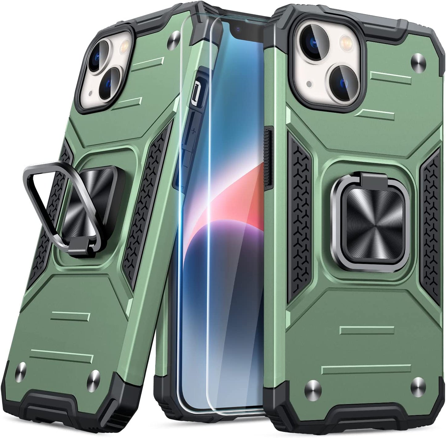 JAME for Iphone 14 Case with Screen Protector [2 PCS], Shockproof Bumper Case for Iphone 14 Case for Women & Men, Heavy-Duty Protection with Metal Ring Kickstand Case for Iphone 14, Alpine Green  XJXIN Alpine-Green  