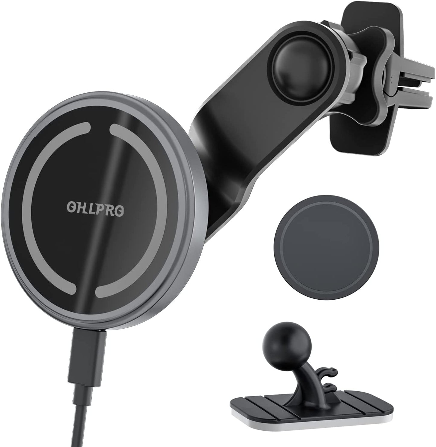 Magnetic Wireless Car Charger Mount, Stick on the Dashboard for Magsafe Iphone 14/14 Pro/14 Max/13/13 Pro/13 Pro Max/ 12/12Pro/Mini, Fast Charging Auto-Alignment Air Vent Phone Holder (Dark Grey)  OHLPRO Gray  
