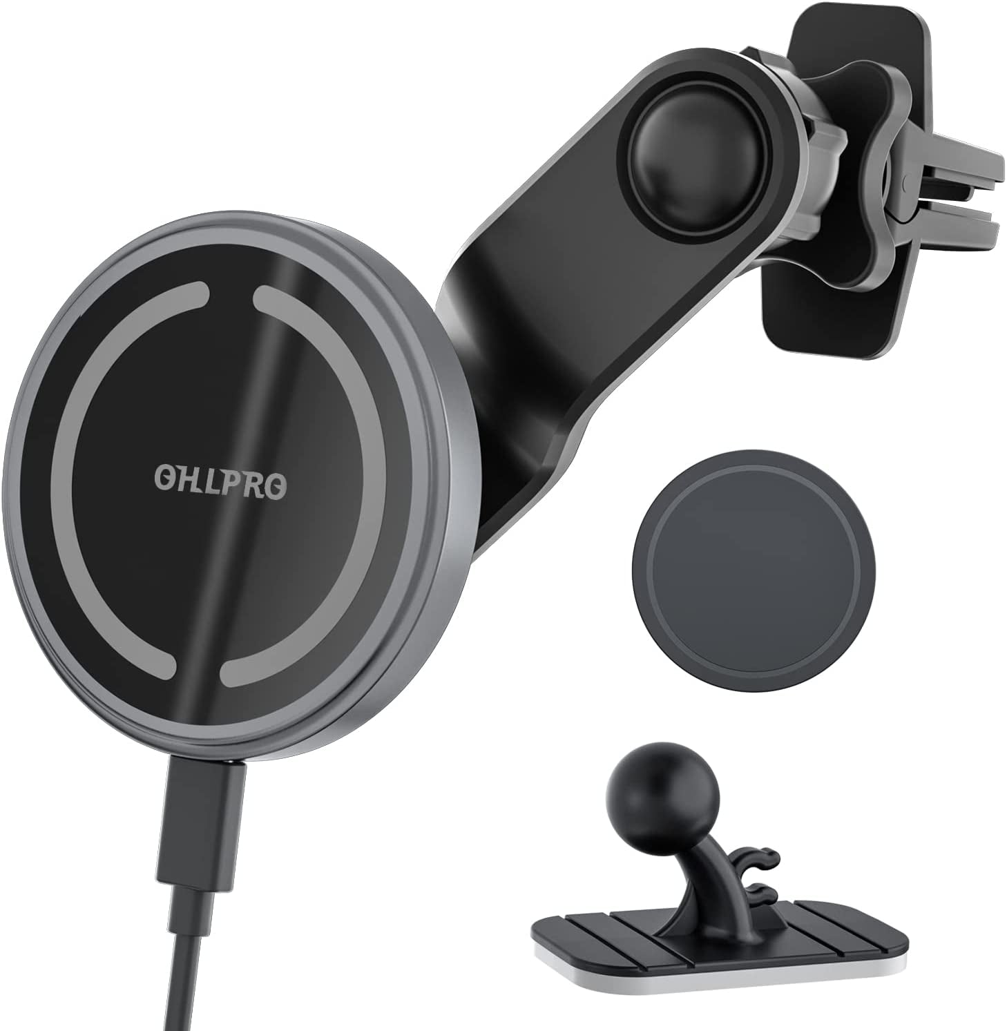 Magnetic Wireless Car Charger Mount, Stick on the Dashboard for Magsafe Iphone 14/14 Pro/14 Max/13/13 Pro/13 Pro Max/ 12/12Pro/Mini, Fast Charging Auto-Alignment Air Vent Phone Holder (Dark Grey)  OHLPRO Gray  