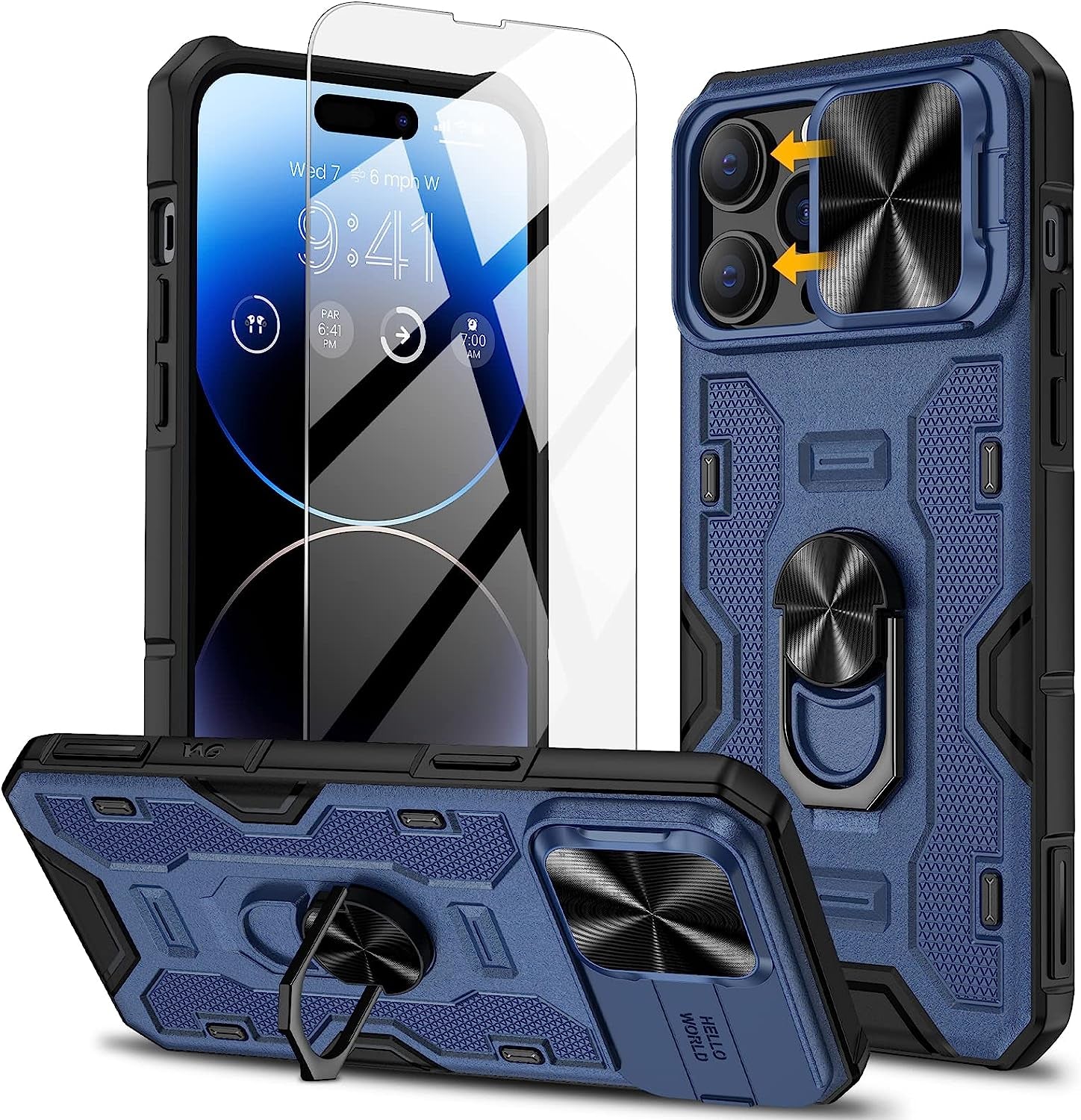 NULETO Case with Screen Protector & Stand & Slide Camera Cover, Full-Body Rugged Shockproof Protective Cover for Iphone 14 Pro Max Built-In 360° Rotate Ring Kickstand - Black  Nuleto Blue  