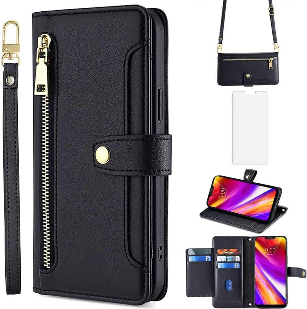 Asuwish Phone Case for LG G7 Thinq Wallet Cover and Tempered Glass Screen Protector Leather Card Holder Zipper Stand LGG7 One G 7 plus LG7 Fit Lg7Thinq 7G Thin Q G7+ G7Thinq Lgg7Thinq Women Men Black  Asuwish   