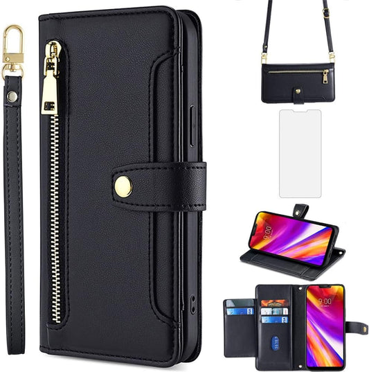 Asuwish Phone Case for LG G7 Thinq Wallet Cover and Tempered Glass Screen Protector Leather Card Holder Zipper Stand LGG7 One G 7 plus LG7 Fit Lg7Thinq 7G Thin Q G7+ G7Thinq Lgg7Thinq Women Men Black  Asuwish   