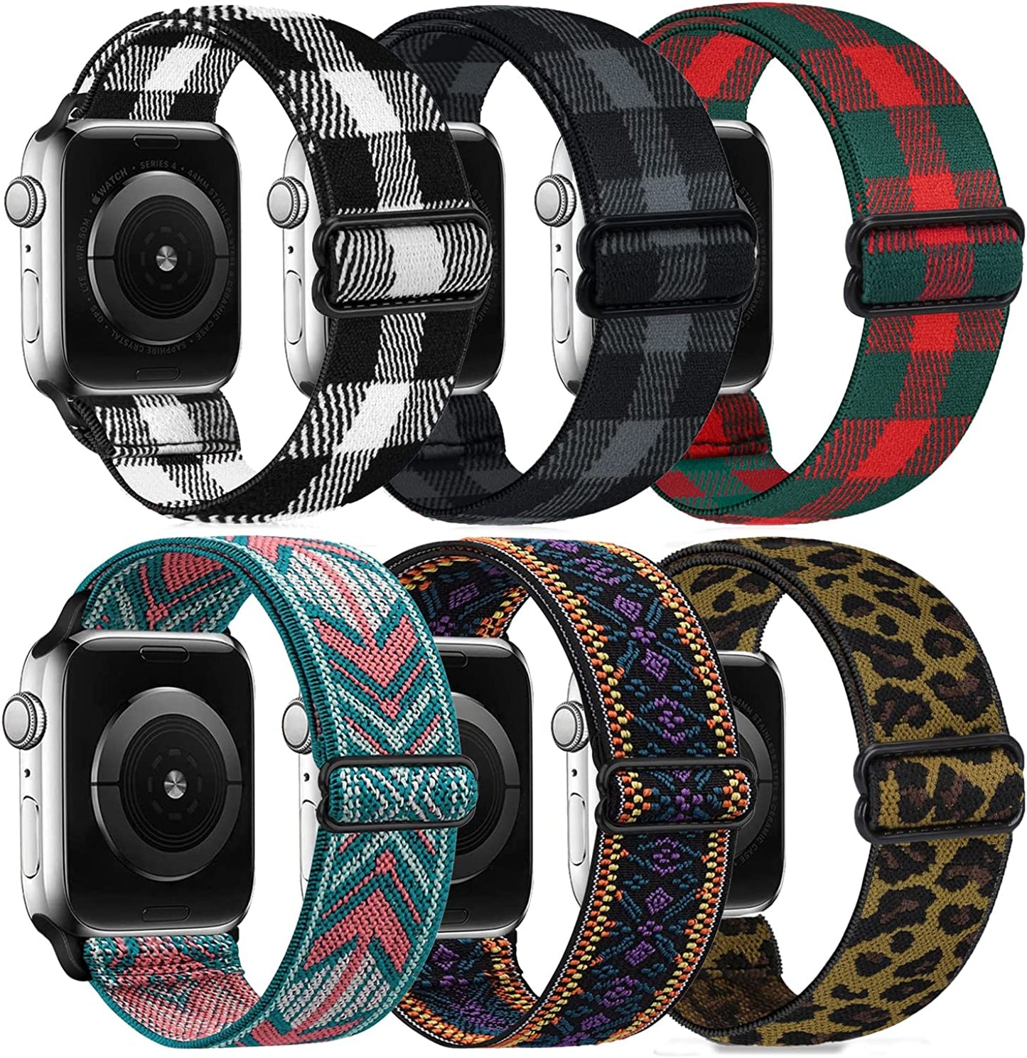 Adjustable Elastics Band Compatible with Apple Watch 38Mm 40Mm 41Mm 42Mm 44Mm 45Mm, Sport Solo Loop Stretch Nylon Replacement Wristband for Iwatch SE Series 8 7 6 5 4 3 2 1  LHXYUO Leapard/Green Arrow/Boho Purple/Red Green/Black Gray/Black White 42/44/45mm 