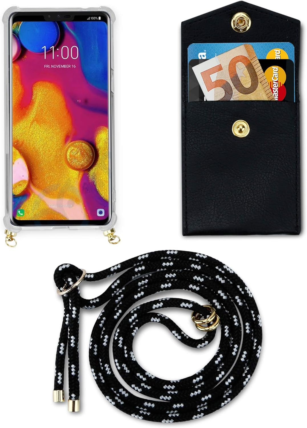 Cadorabo Necklace Case Compatible with LG V40 in Black Silver - Transparent TPU Silicone Cover with Golden Rings, Sling Strap and Removable Etui  Cadorabo   
