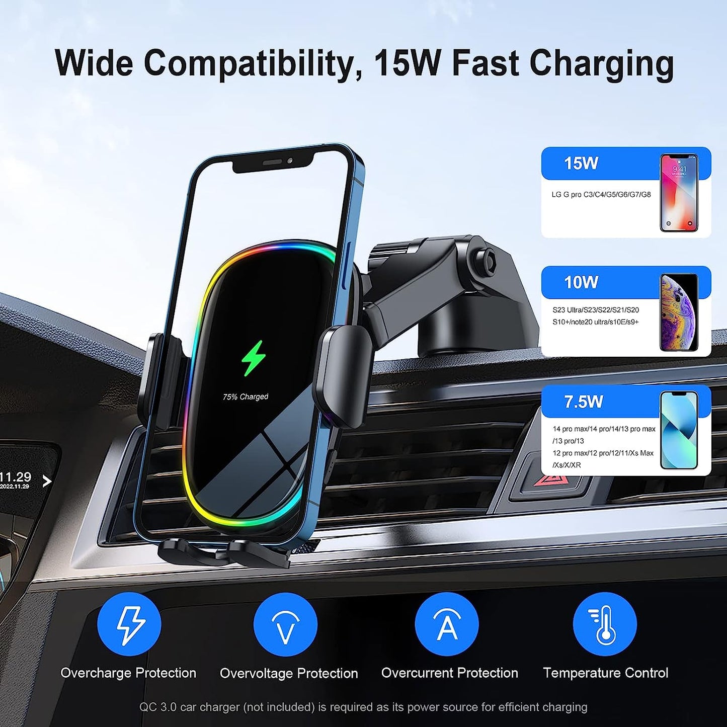 Wireless Car Charger Mount, SOARUN [Unique 7 Colors LED Dynamic Backlit] 15W Wireless Fast Charging Car Phone Holder, Auto-Clamping Wireless Car Charger for Iphone 14 Pro 13 12, Samsung S23 Ultra S22  SOARUN   