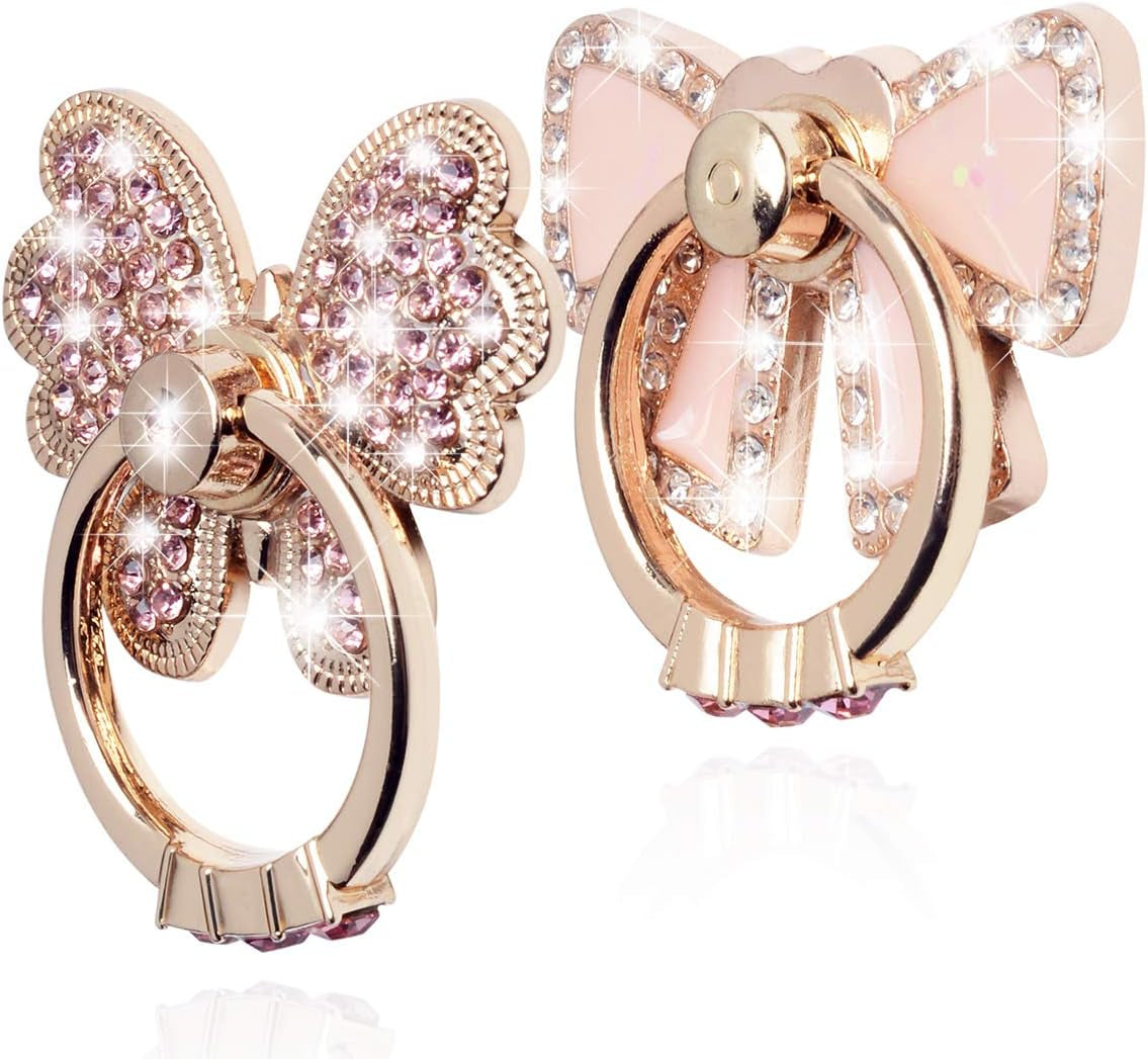 Finger Ring Stand,2 Pack Luxury Glitter Diamond Universal Metal Finger Ring Grip Holder Kickstand for Iphone 14 13 11 Pro Max 8 7 6S Plus,Galaxy S22 Ultra S10 plus S8 S7 Note,All Smartphone,Pink/Bow  WATACHE   