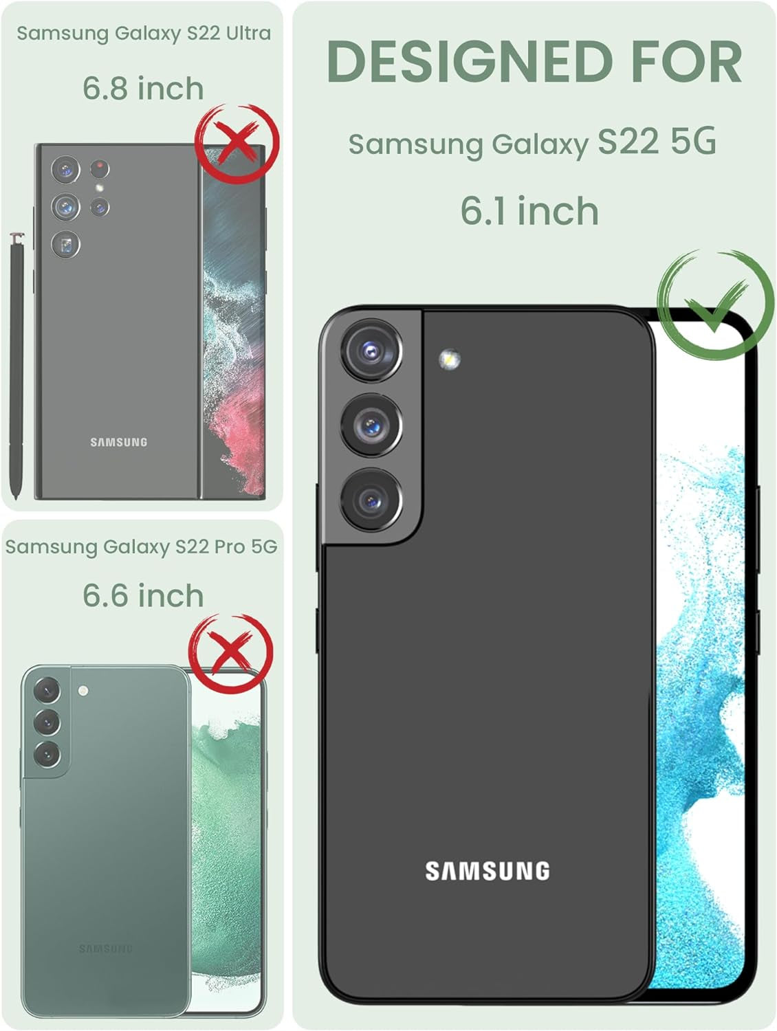 Dretal for Samsung Galaxy S22 5G Case Floral, Military Grade Drop Tested Hard Back & Soft Edge Slim Flower Women Girls Phone Protective Cover + Tempered Glass Screen Protector for Galaxy S22 (Green)  Dretal   