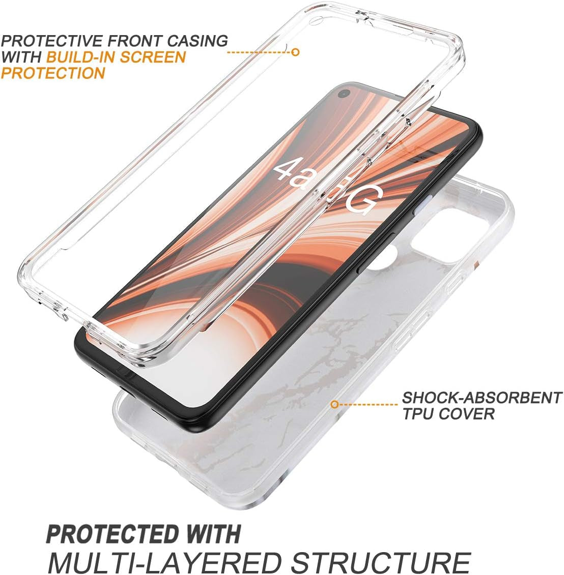 SURITCH Phone Case for Google Pixel 4A 5G 【NOT for 4G】, Front Cover with Built-In Screen Protector Full-Body Protection Shockproof TPU Bumper Protective Case for Girl Women Cute, Gold Marble  SURITCH   