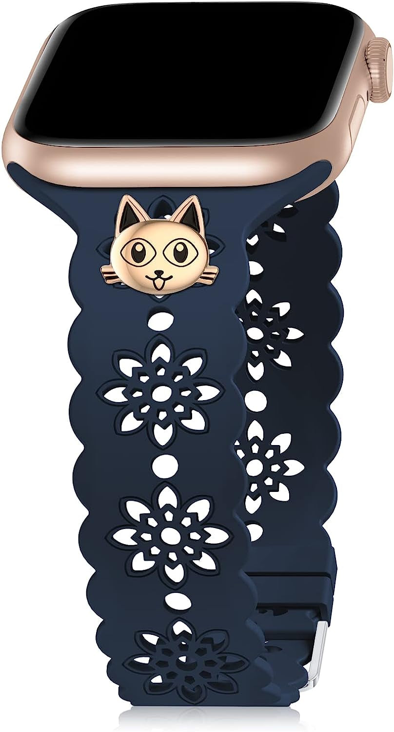 Floral Silicone Band Compatible with Apple Watch Bands 38Mm 40Mm 42Mm 44Mm 41Mm 45Mm 49Mm Women Men, Slim Hollow-Out Design Wristbands Soft Sport Breathable Watch Bands for Iwatch Ultra SE Series 8/7/6/5/4/3/2/1  Wewatri Deep Blue with Cat Charms 38mm/40mm/41mm 