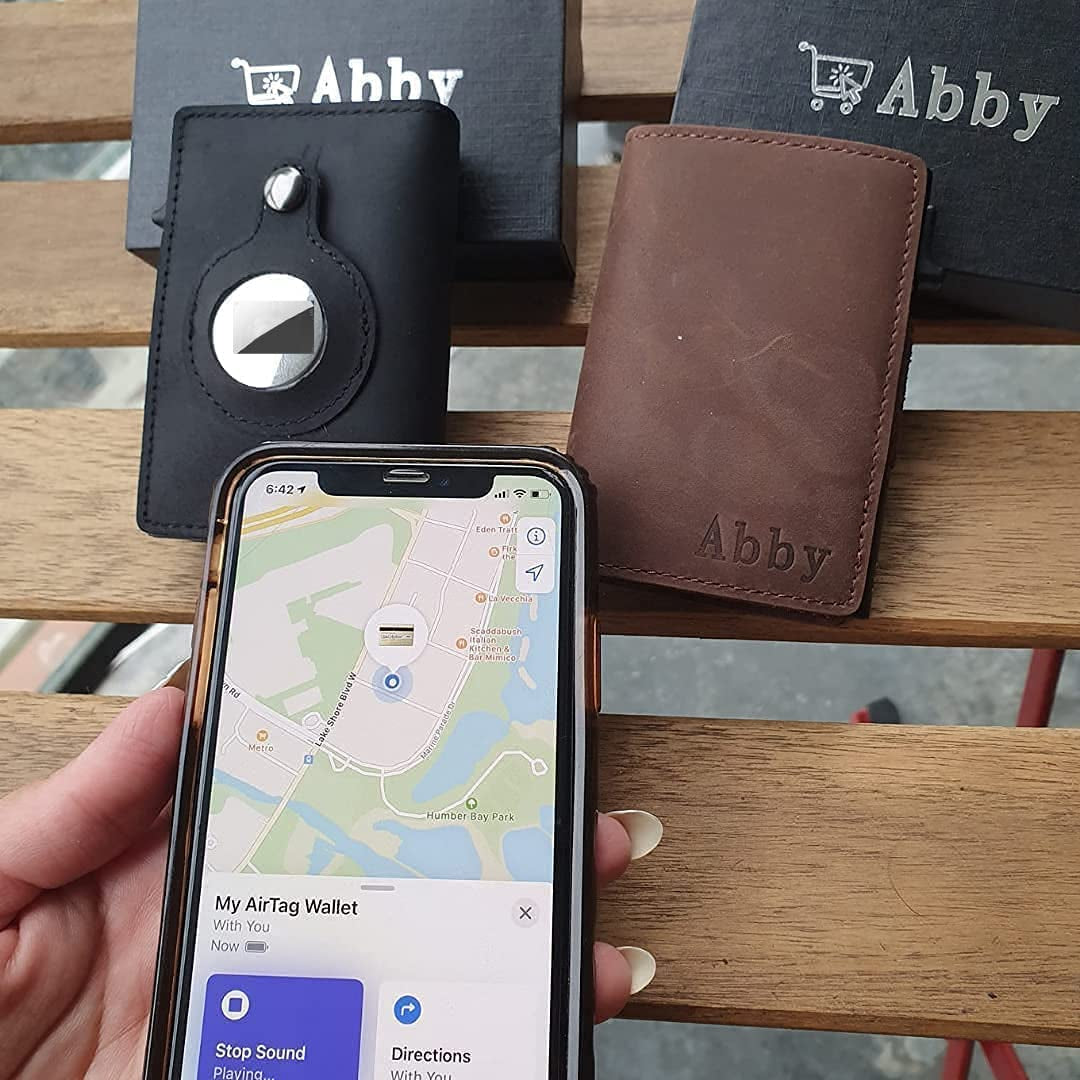 Abby'S Anti-Lost Slim Leather Airtag Wallet with Apple Airtag Case (Cocoa Brown) RFID Protection, Smart Thin Minimalist Pop up Credit Card Airtag Holder Trackable Wallet  ABBY   