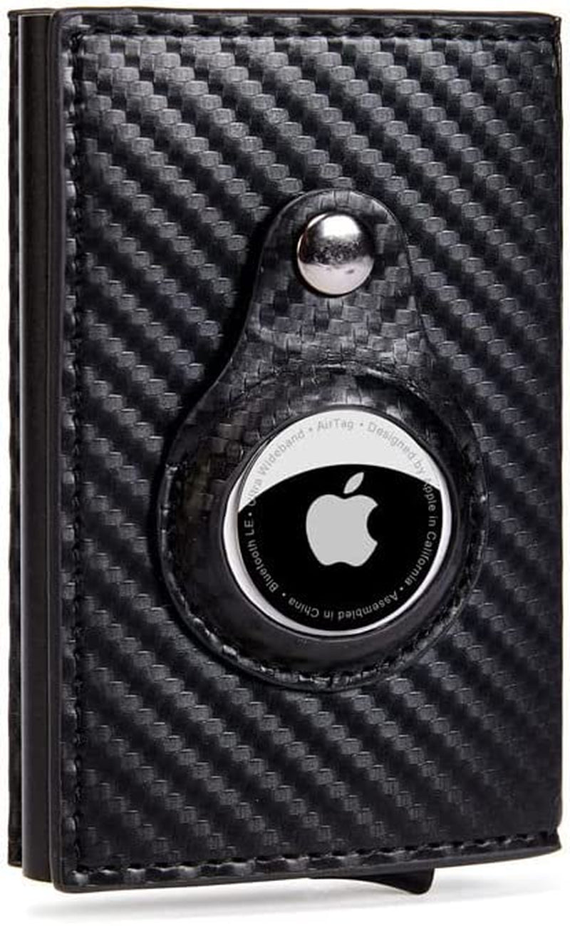 JAT Leather Airtag Men Wallet Genuine Crazy Horse Leather Automatic Pop up Wallet with Airtag Front Pocket (Carbon Fiber)  JAT Carbon fiber with ID window  