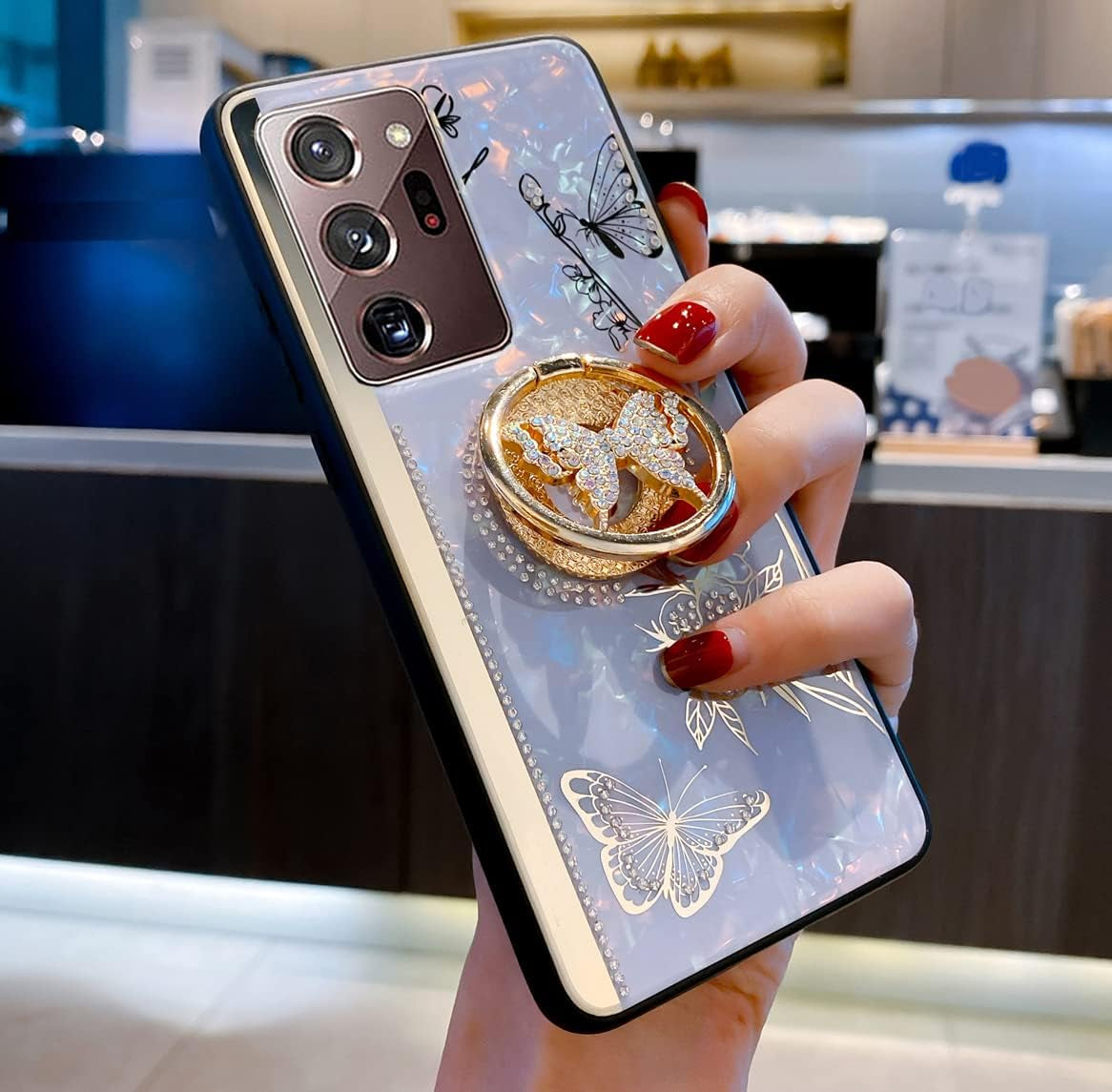 Supshop Note20 for Samsung Galaxy Note 20 5G Case for Women Girl Design with Ring Kickstand,Fashion Cute Bling Diamond Rhinestone Glitter Butterfly Marble Mirror Phone Cover,Purple  SUPSHOP   