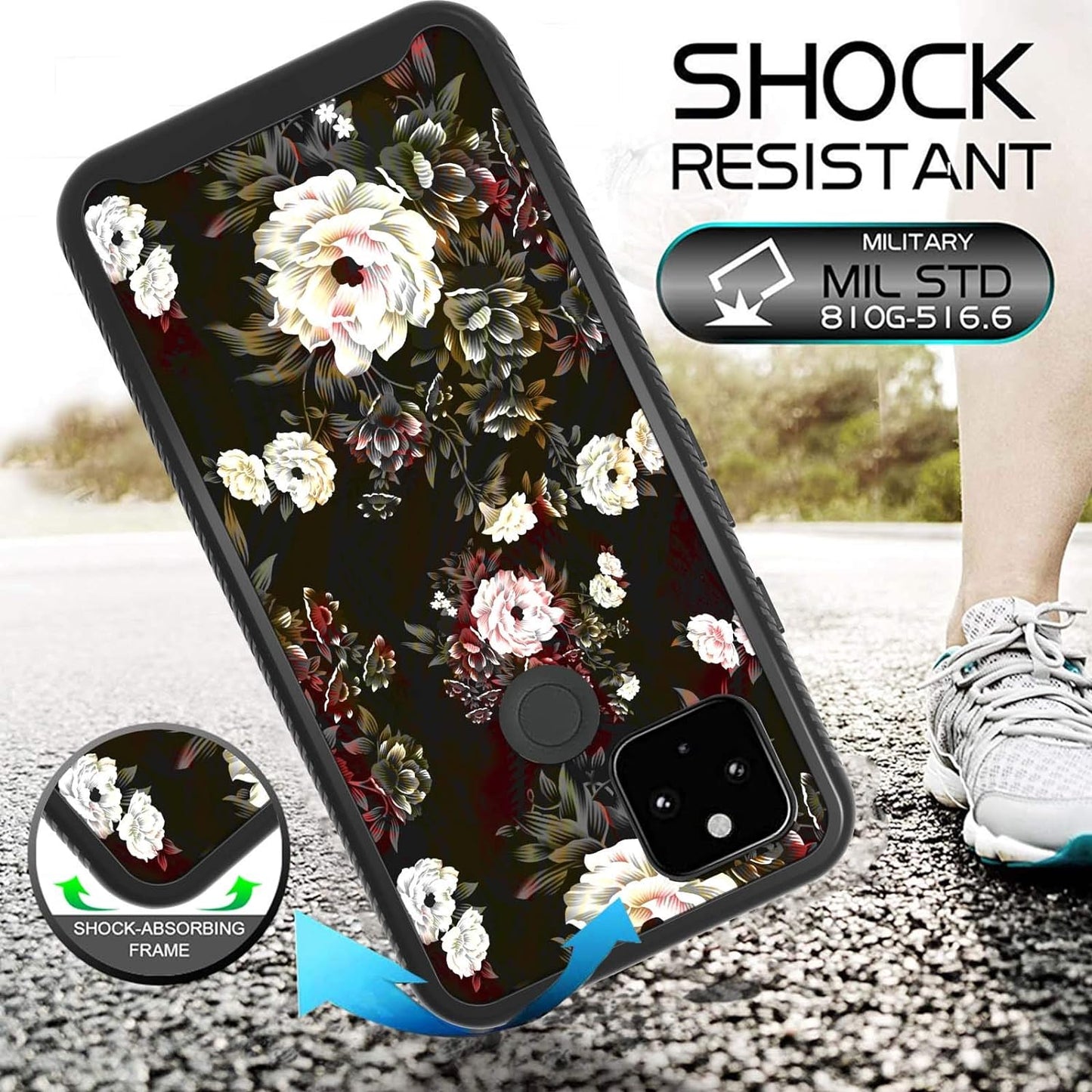 Shinymax Pixel 4A 5G Case with Roses Design,Google Pxiel 4A 5G Phone Case,Hybrid Triple Layer Armor Protective Cover Flexible Sturdy Anti-Scratch Shockproof Cute Case for Women and Girls-Flowers/Black  ShinyMax   