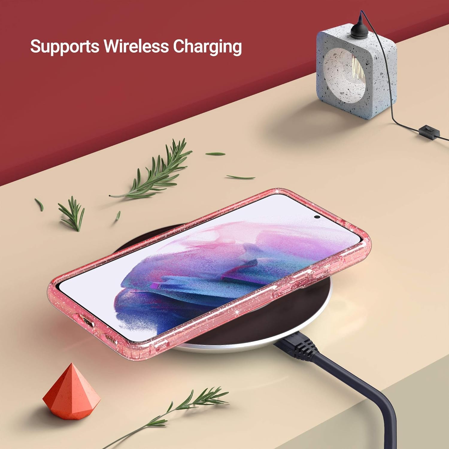 ULAK Galaxy S21 Case, Clear Glitter Case Sparkly Soft TPU Bumper Bling Cover for Women Girls Transparent Protective Phone Case for Samsung Galaxy S21 5G 6.2 Inches - Pink Glitter  ULAK   