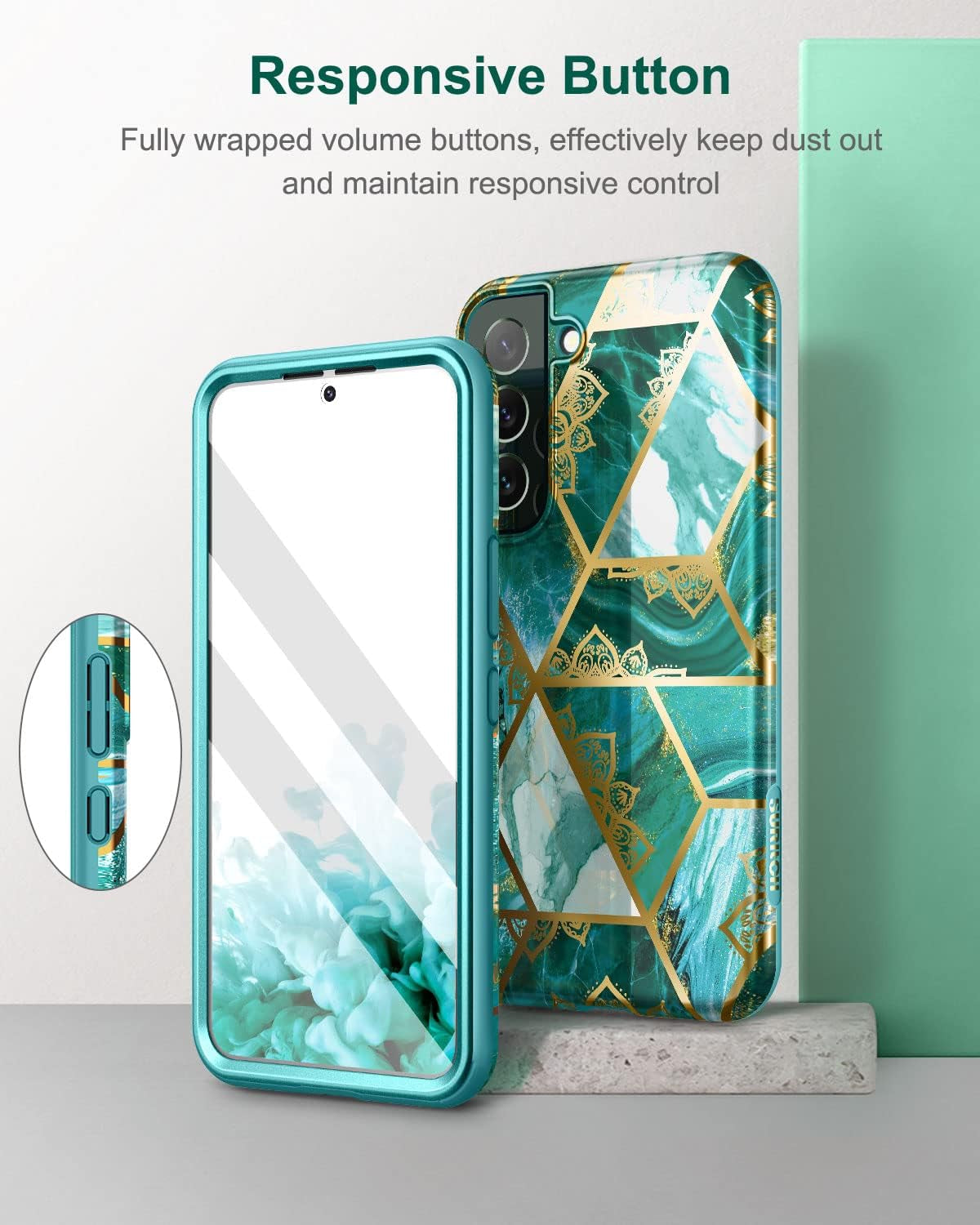 SURITCH for Samsung Galaxy S22 Case, [Built-In Screen Protector] Full Body Protection Shockproof Rugged Bumper Slim Soft Silicone Protective Cover for Galaxy S22 6.1 Inch (Green Mandala)  SURITCH   