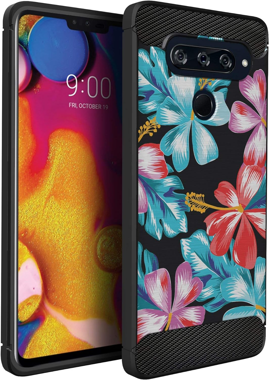 Casesondeck Case Compatible with [LG V40 Thinq] Soft TPU Bumper Cover Carbon Fiber Texture Flexible (Flowers)  CasesonDeck Tropical Flowers  