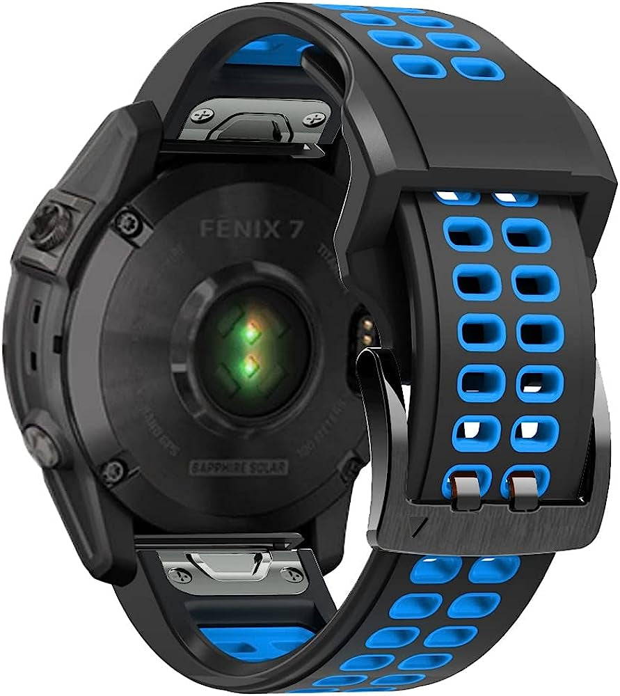 REYDA Silicone Band Compatible for Garmin Fenix 7/6/6 Pro/5/5 Plus, Soft Breathable Silicone Metal Bracelet Sport Wristband Replacement Band for Garmin Forerunner 935/945/955/965/Approach S60/S62  REYDA Black/Blue  