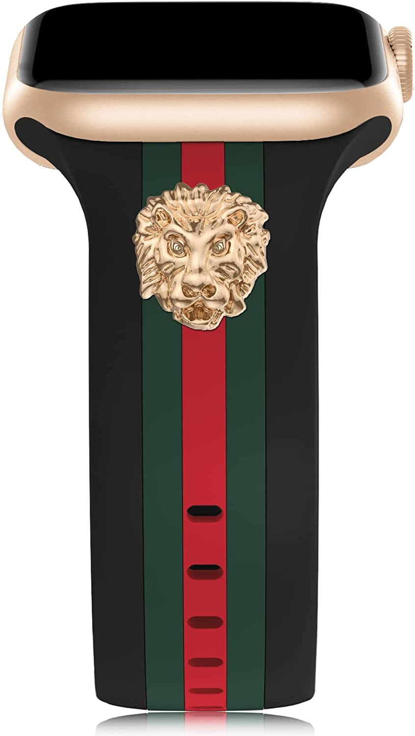 Designer Band with Charms Decor Compatible with Apple Watch Band 38Mm 40Mm 41Mm 42Mm 44Mm 45Mm 49Mm Women Men, Stylish Silicone Sport Wristbands for Iwatch Series 8 7 6 5 4 3 2 1 SE Ultra  Bagoplus Black/Green/Red with Lion 42mm/44mm/45mm/49mm 