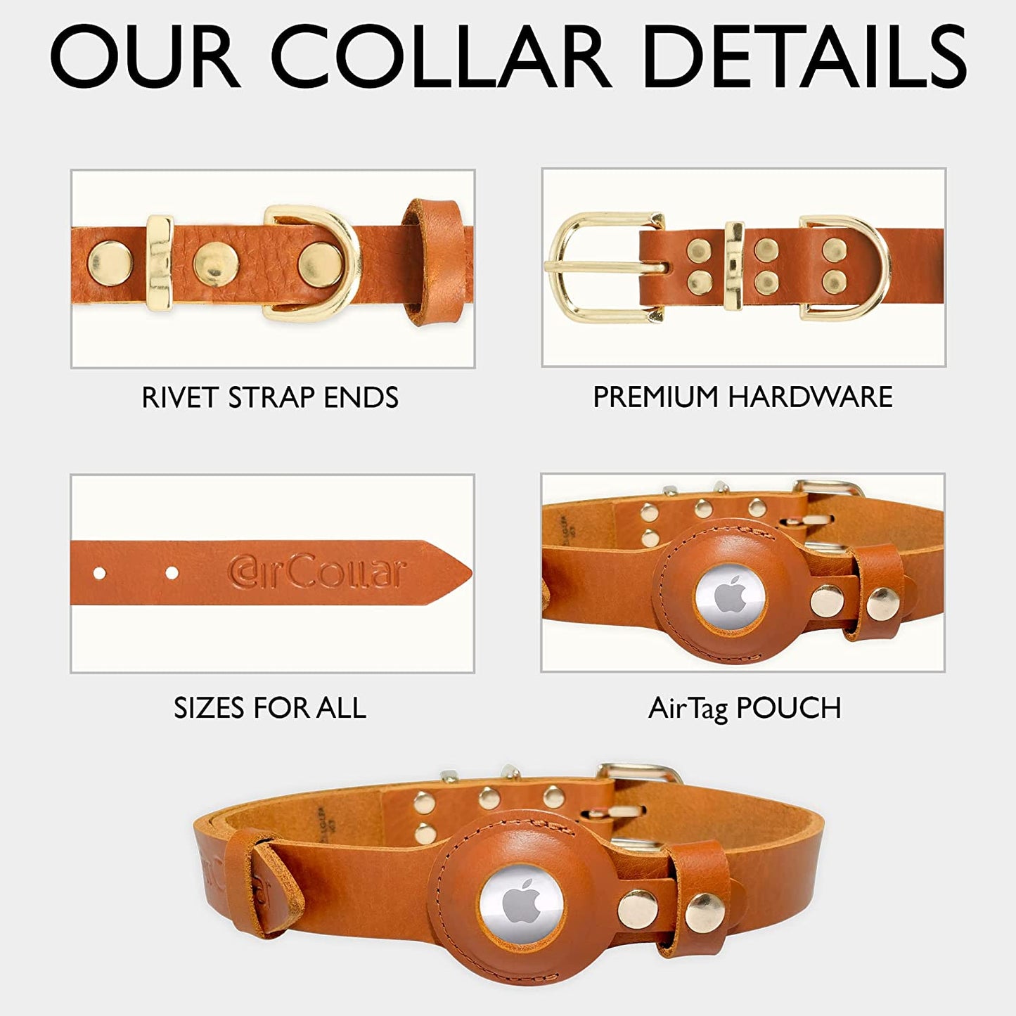 Aircollar Apple Airtag Natural Leather Pet Collar, Compatible with Apple Airtag 2021, Durable Leather (L: 0.9” Wide for 18.7” - 25.6” Neck, Honey Brown)  AirCollar   