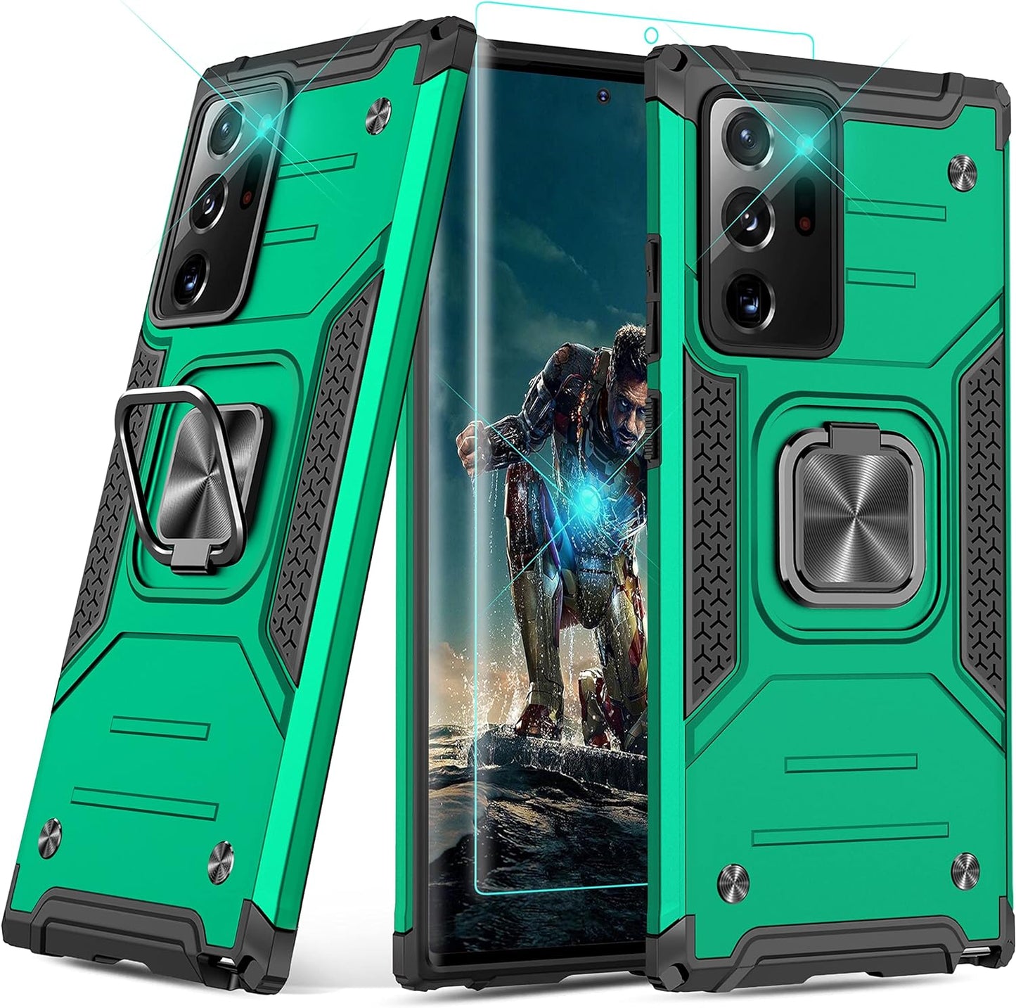 Ymhxcy Galaxy Note 20 Ultra 5G Case with 3D Curved Screen Protector, Armor Grade Case with Rotating Holder Kickstand Non-Slip Hybrid Rugged Phone Case for Samsung Note 20 Ultra-Kk Dark Green  YmhxcY   