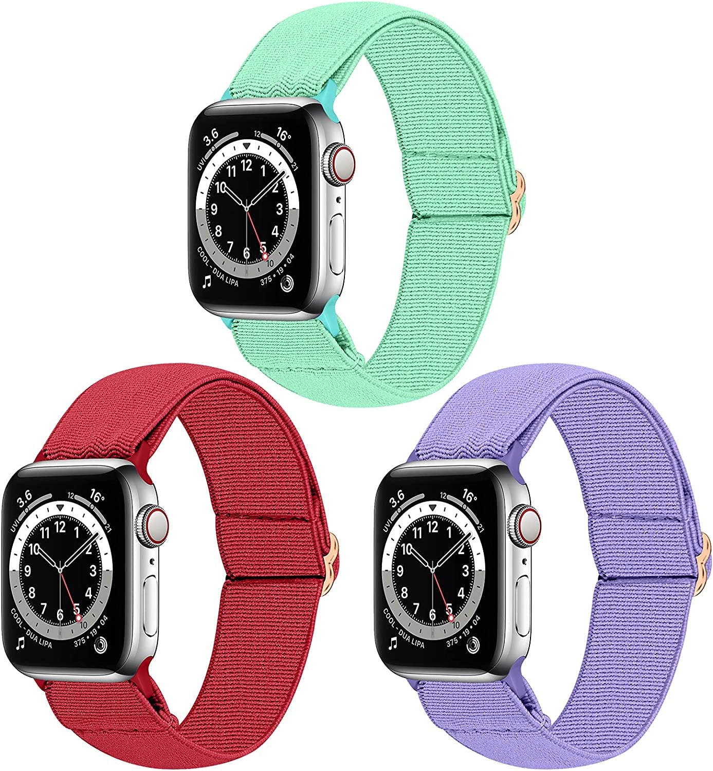 Dsytom 3 Pack Elastic Band Compatible with Apple Watch Bands 38Mm 41Mm 40Mm 42Mm 44Mm 45Mm, Adjustable Stretchy Nylon Bands for Iwatch Series Ultra 8/7/6/5/4/3/2/1 SE Strap for Women  Dsytom Purple+Green+Red 42mm/44mm/45mm/49mm 