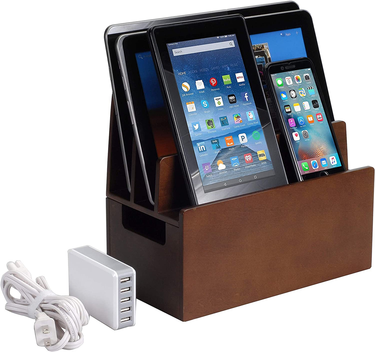 Mobilevision Wood Multi Device Organizer Stand and Charging Station for Smartphones, Tablets, and Laptops Includes 5-USB Hub Charger Combo  MobileVision   