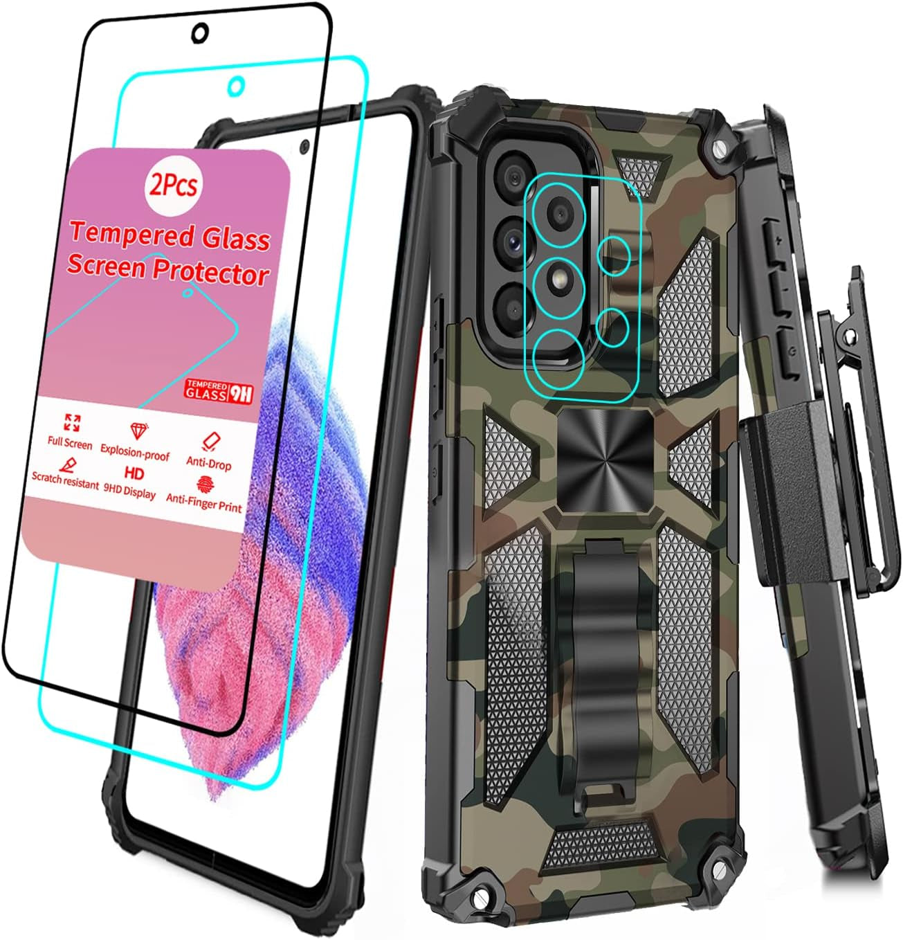 Case for Samsung Galaxy A53 Case with Screen Protector Samsung Galaxy A53 Case with Clip Galaxy A53 Case with Kickstand Military Grade Heavy Duty Camo Case for Samsung Galaxy A53 Men Women (Blue)  huiyi Green Camo For A53 For A53 